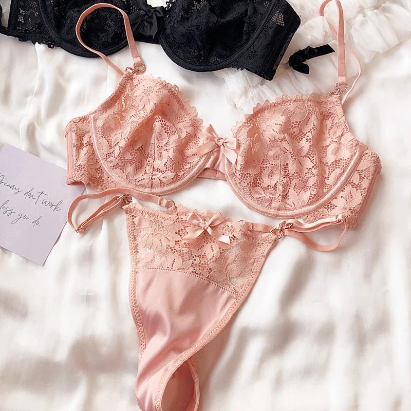 French Ultra Thin Bra Set Sexy Lace Embroidery Women Underwear Luxury Rhinestones Brassiere and Thongs Pink Lingerie 2 Piece Set