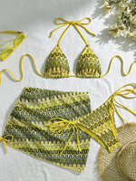Sexy Drawstring Side Skirt 3 Piece Bikini Set Women Orange Striped Embroidered Print Swimwear High Waist Bathing Suit Swimsuit