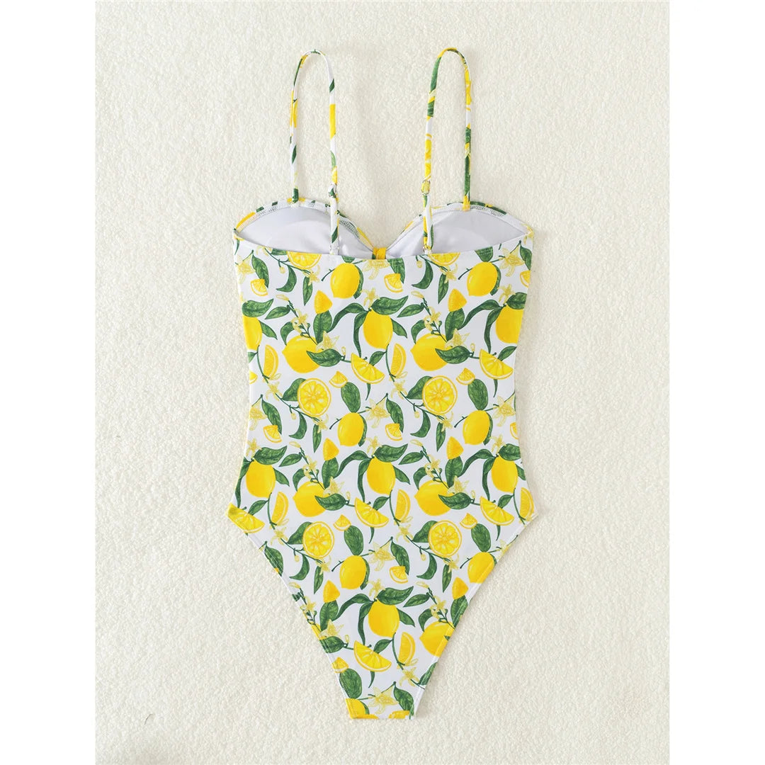 2026 New Lemon Printed Knotted One Piece Swimsuit Women Swimwear Female Monokini High Leg Cut Bather Bathing Suit Swim K6093