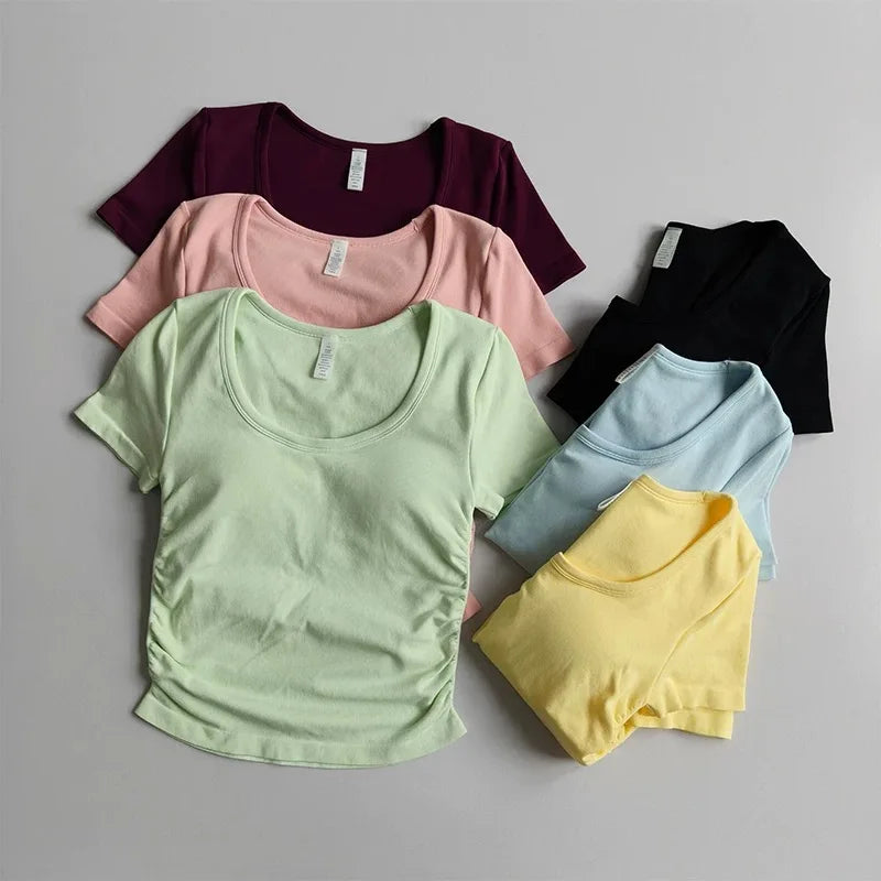 Big round Neck Yoga T-Shirt Short-Sleeved Slimming Sports Top with Fixed Chest Cushion for Running Pilates Summer Stretch