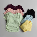 Big round Neck Yoga T-Shirt Short-Sleeved Slimming Sports Top with Fixed Chest Cushion for Running Pilates Summer Stretch