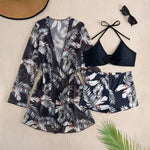 New Print 3 Pieces Padded High Waist Bikini Set Swimsuit Women Swimwear with Kimono Beach Wear Ladies Bathing Suit with Shorts