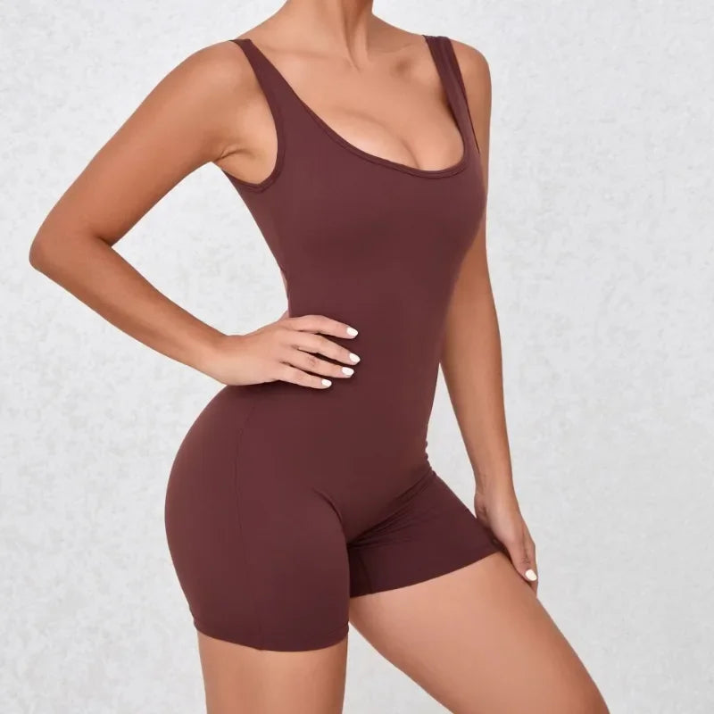 Women's Seamless Yoga Jumpsuit - Quick-Dry Nude Workout Suit with V-Neck & Sexy Back, Tight Fitness Wear for Running Gym Workout