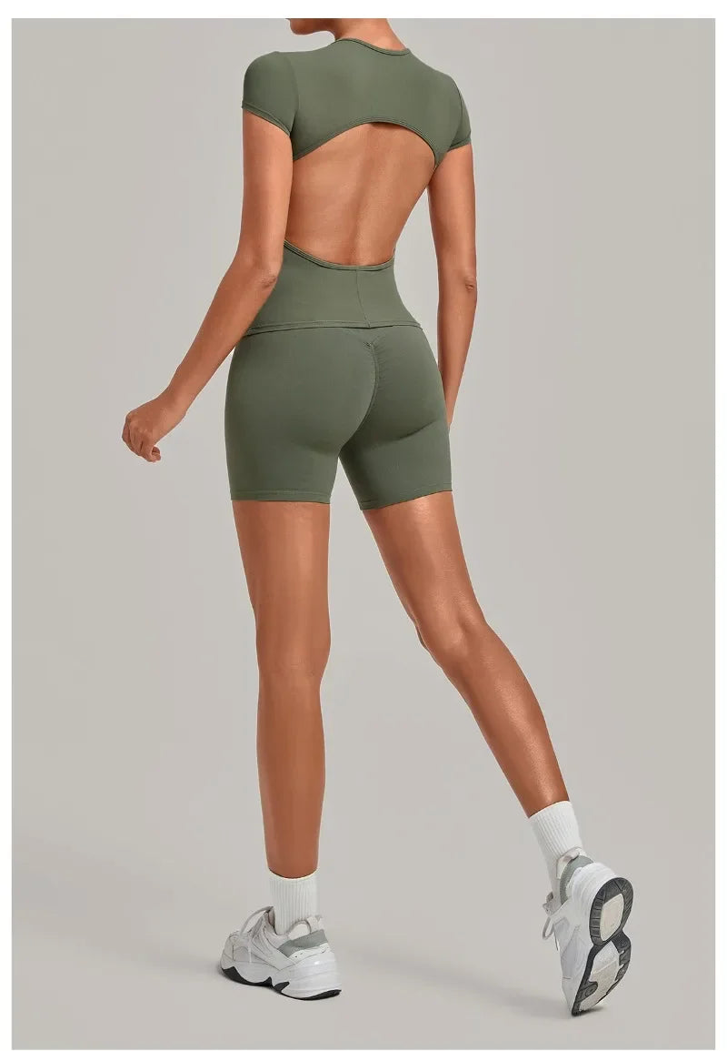 Women's Seamless Yoga Sets Sports Fitness Workout Hip-lifting High Waist Shorts Backless Short-sleeve Vest Suit Gym Training Set