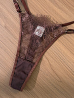 French Vintage Dark Brown Lace Lingerie Set Women Sexy Sheer Mesh Bralette Bra and Panty Thong 2 Piece Sets