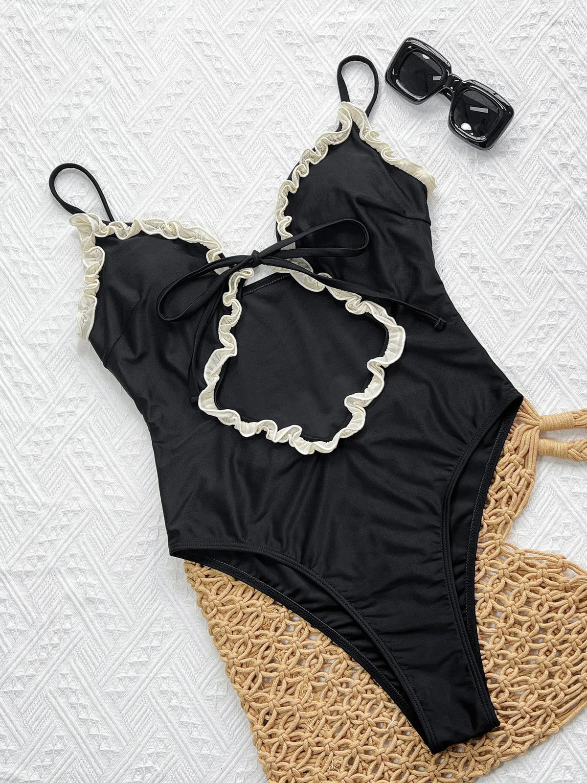 Sexy Black Leoard Print Patchwork One Piece Swimsuit 2026 Women Front Bow Hollow Out Bandage Cross Bathing Suit Holiday Swimwear