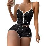 Women Pajama Set Heart Print Sleepwear Soft Ribbed Fabric Sexy Cami Top and Shorts Loungewear Casual Home Nightwear