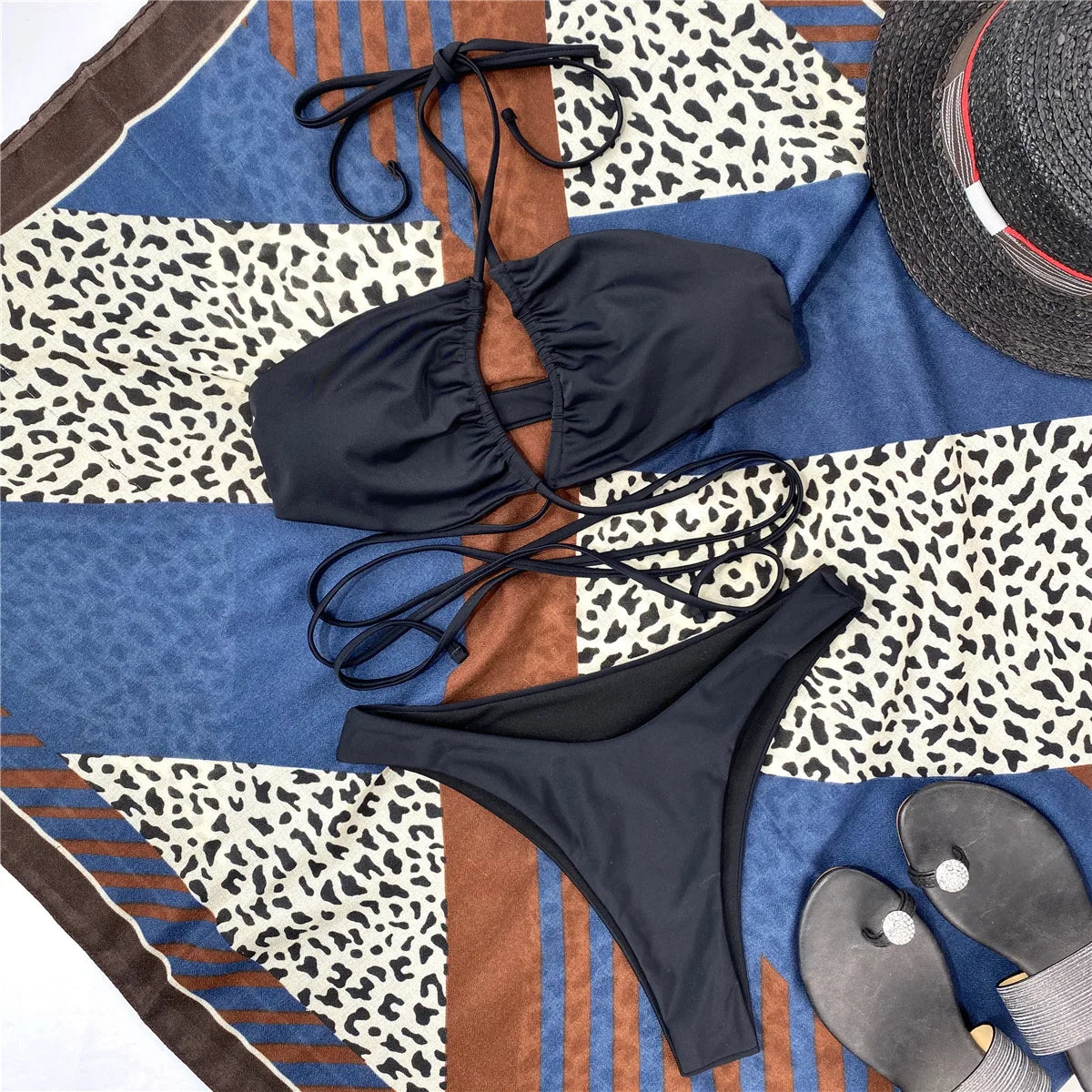 Solid Color Bikini Sexy Hollow Out Bandage Cross Thong Swimwear Women Halter Backless Bathing Suit High Waist Swimsuit 2026 New