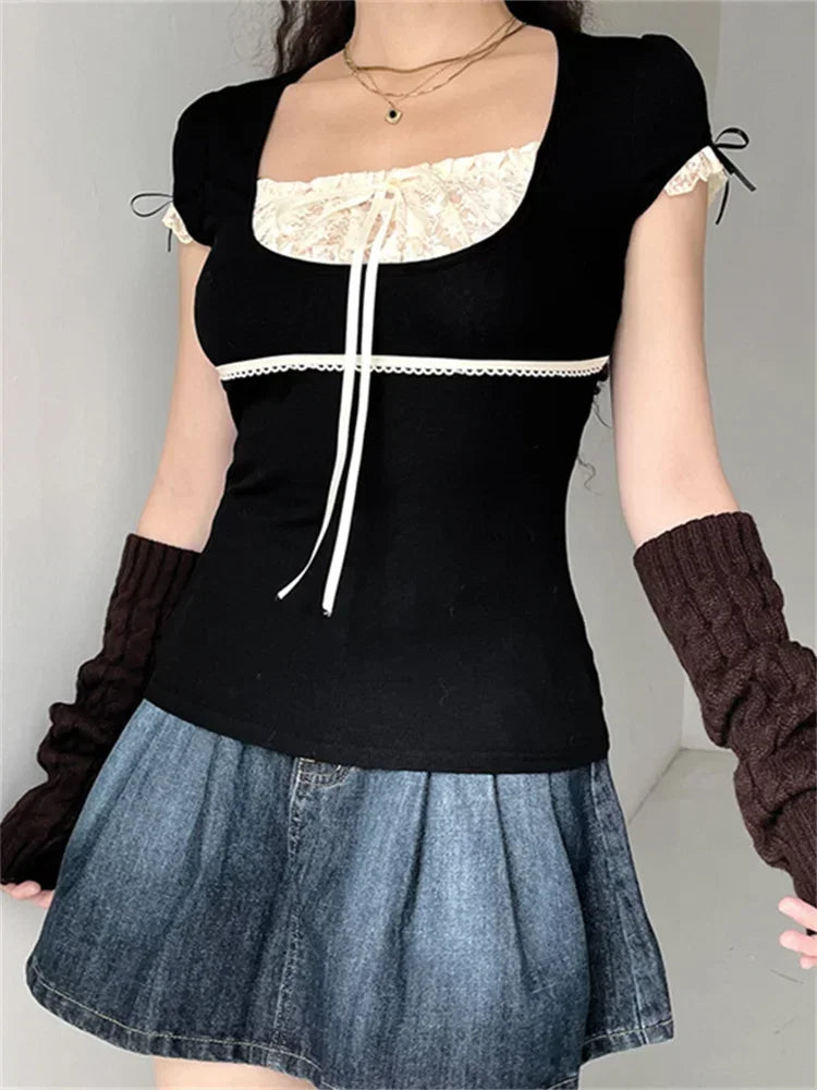 Women Summer T-shirt Lace Patchwork Square neck Short Sleeve Tee Tops Casual Retro Kawaii Y2K Aesthetic Shirts