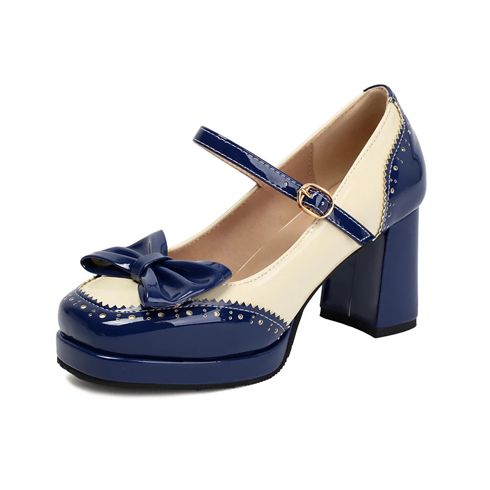 Plus Size 32-48 Sweet Lolita Patent Leather Mary Jane Shoes Women Gothic Square Toe Bow Tie Platform Chunky Heels Brogue Pumps