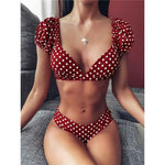 Sexy V Neck Short Sleeve Bikinis Polka Dot Bikini Female Swimsuit Women Swimwear Two-pieces Bikini Set Bather Bathing Suit Swim