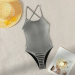 2026 New Silver Shiny Leather One Piece Swimsuit Women,U-neck Suspender Bikini,cross Strape Backless Monokini Summer Beachwear