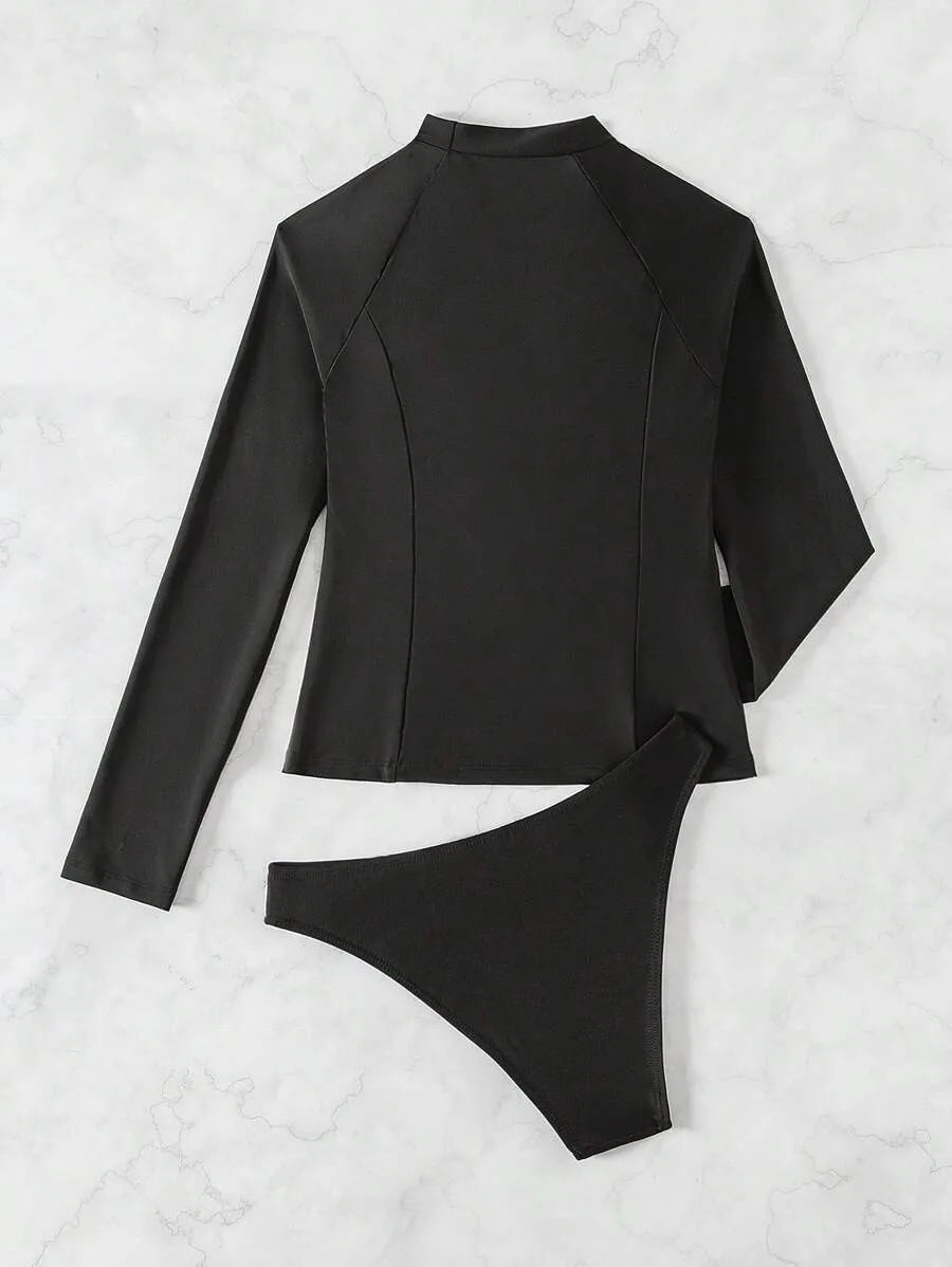 2026 Long Sleeves Slim Swimsuit Women 2 Pieces Solid Swimwear Female Rush Guard Bathing Swimming Swim Surf Suit Beachwear XXL