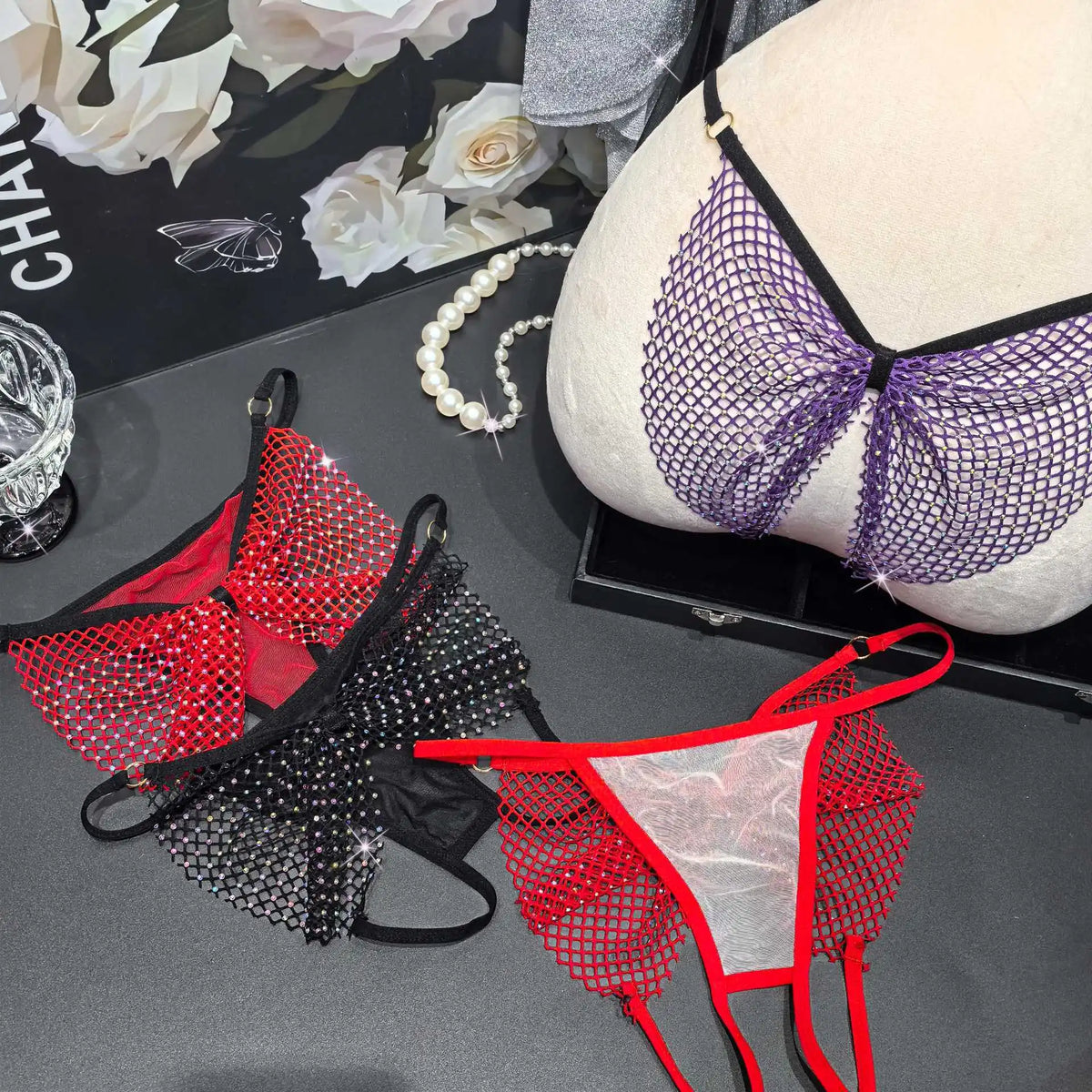 Rhinestone Sex Underwear Fishnet Crotchless Open T Pants Couple Panties Lace Women G String Hot Erotic Briefs Thong Intimates
