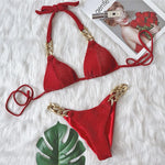 9 Colors Sexy Bikini Women Shining Fabric Golden Rhinestone Chain Swimwear Swimsuit Solid Halter Bikinis Set Bathing Suit Female