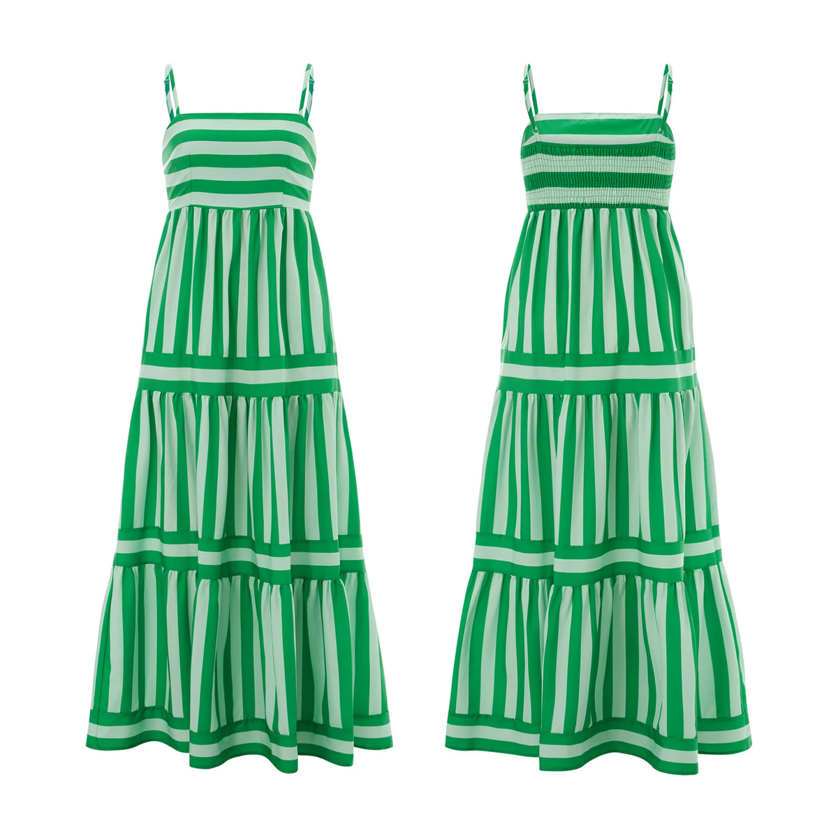 Women's Striped Print Dress Sleeveless Spaghetti Strap Square Neck Tiered Long Dress for Holiday Casual Boho Sundress