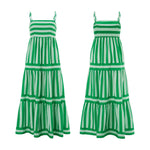Women's Striped Print Dress Sleeveless Spaghetti Strap Square Neck Tiered Long Dress for Holiday Casual Boho Sundress