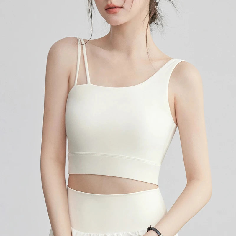 Women's Irregular Shoulder Strap Yoga Sports Bra Shockproof One-Piece Cup Running Vest for Training Fitness And Yoga