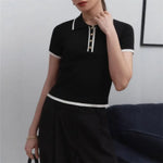 Women Short Tops Short-Sleeve Patchwork Color Lapel Tops with Buttoned Neckline Regular Fit Knitting Tops