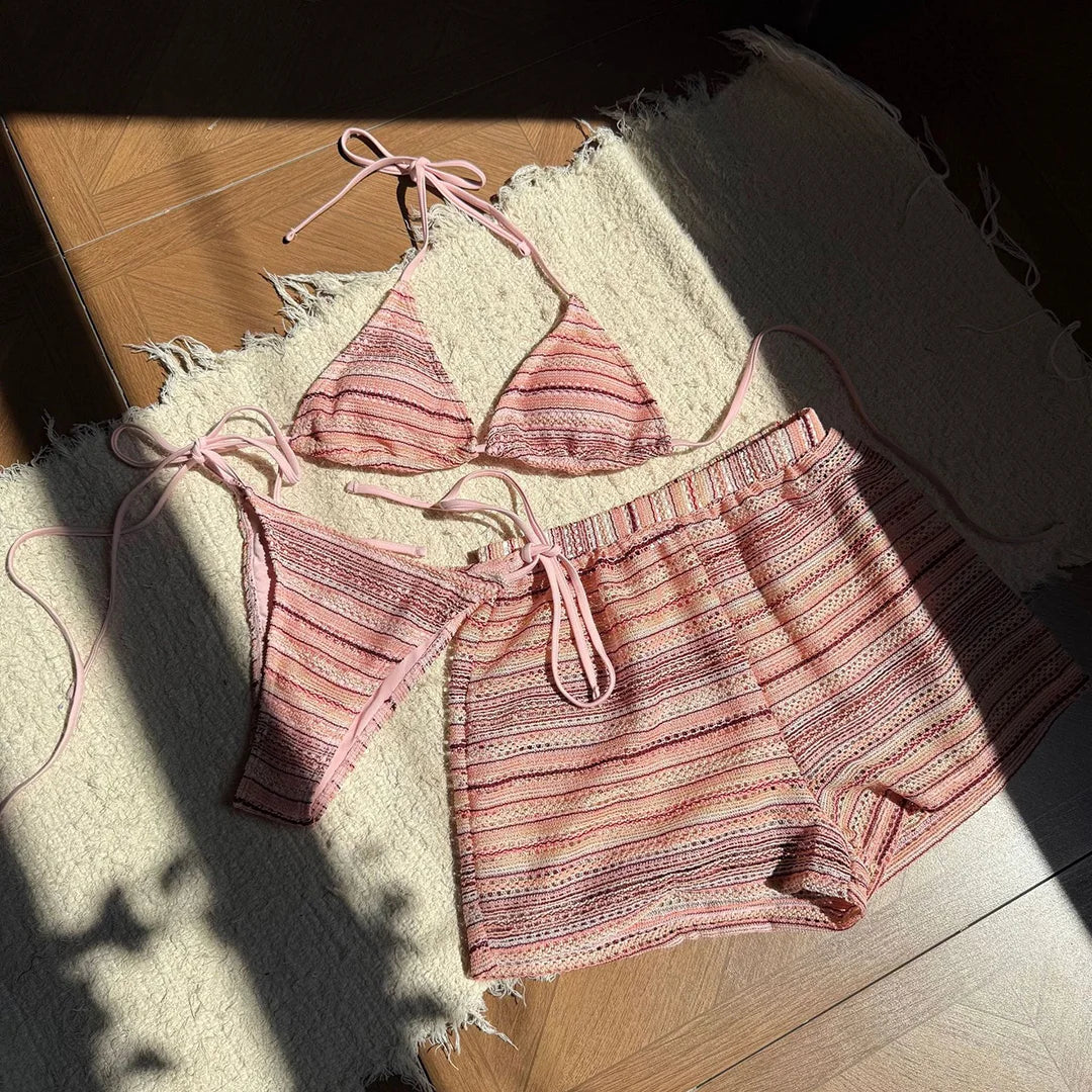 New Sexy Striped Halter Bikini Women Swimwear Three-pieces Bikini set With Shorts Female Swimsuit Bathing Suit Bather Swim V6326