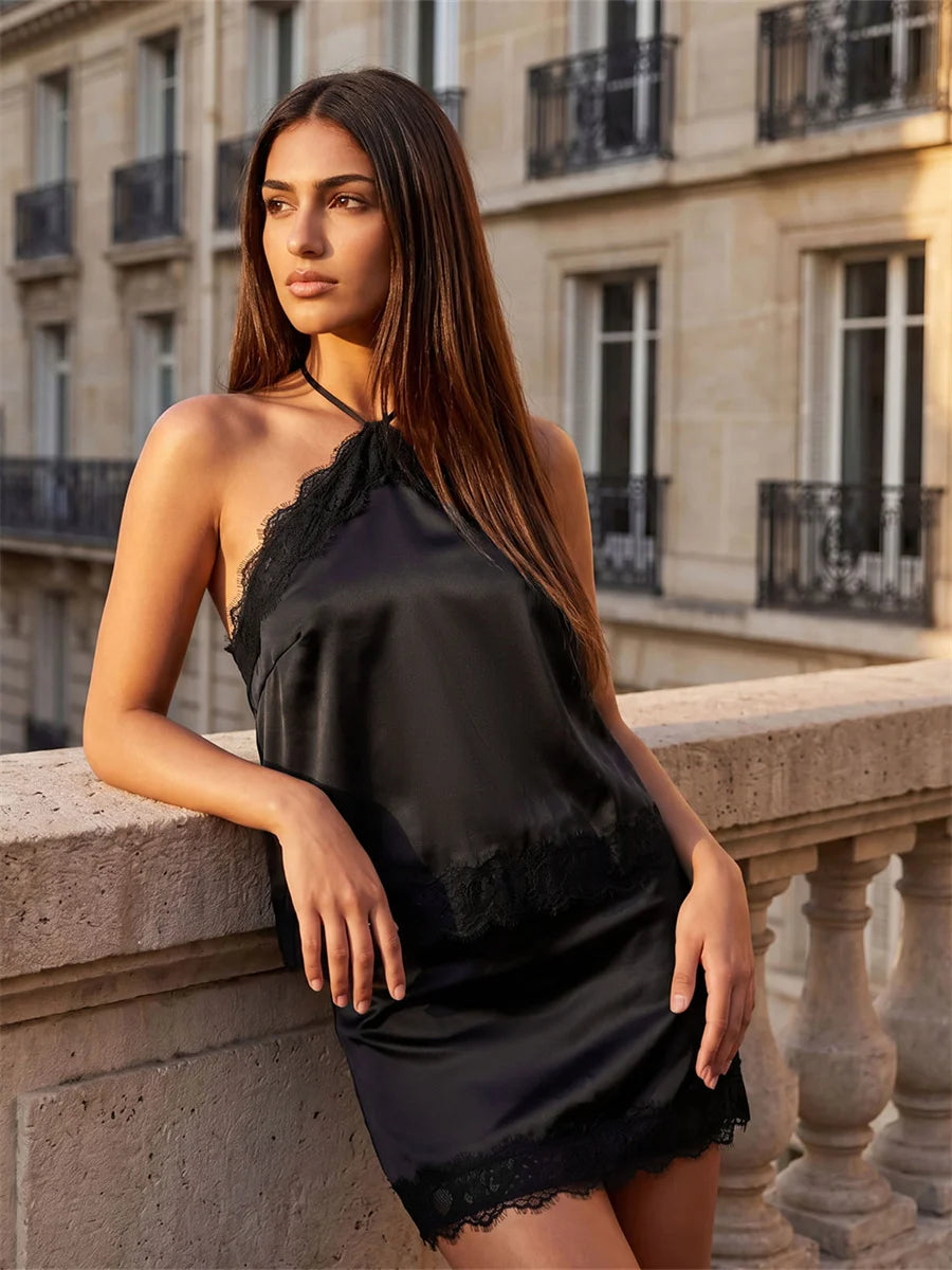 Women's Summer Satin Skirt Outfits Lace Trim Sleeveless Halter Camisole Tops with Mini Skirt 2 Piece Sets Retro Daily Date Wear
