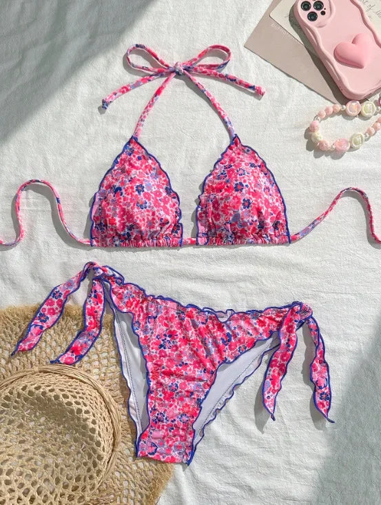 Women Cute Bikini Set 2025 New Summer Orange Floral Print Halter Ruffles Push Up Tie Side Thong Swimsuit Bathing Suit