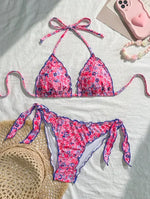 Women Cute Bikini Set 2025 New Summer Orange Floral Print Halter Ruffles Push Up Tie Side Thong Swimsuit Bathing Suit