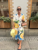 Lemon Print Shirt Dresses Women Fashion Short Sleeves Lapel Loose Single-breasted Shirts Long Dress Casual Lady Vacation Vestido