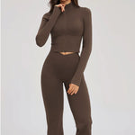 2PCS Yoga Set Gym Clothes Sportswear Seamless Women Fitness Long Sleeved Tracksuits Sports Workout Gym Flared Leggings Athletic