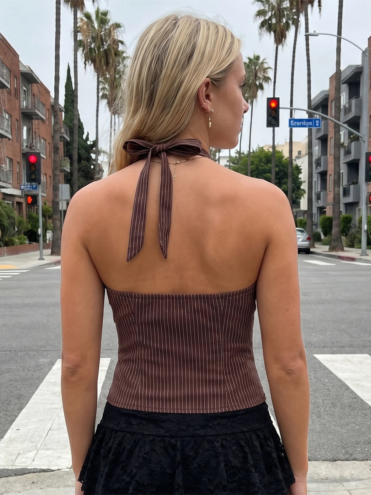 Women Retro Tank Tops Tie-up Sleeveless V Neck Halter Button Up Slim Fit Tops Striped Summer Vest for Club Party