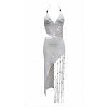 New Tassels Asymmetric Halter Crochet Knitted Tunic Beach Cover Up Cover-ups Beach Dress Beach Wear Beachwear Female Women V8257