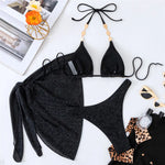 Sexy Black Shiny Swimwear Sarong String Halter Triangle Bikinis Sets 3 Pieces Rhinestone Swimsuit Women 2026 Bather Beachwear