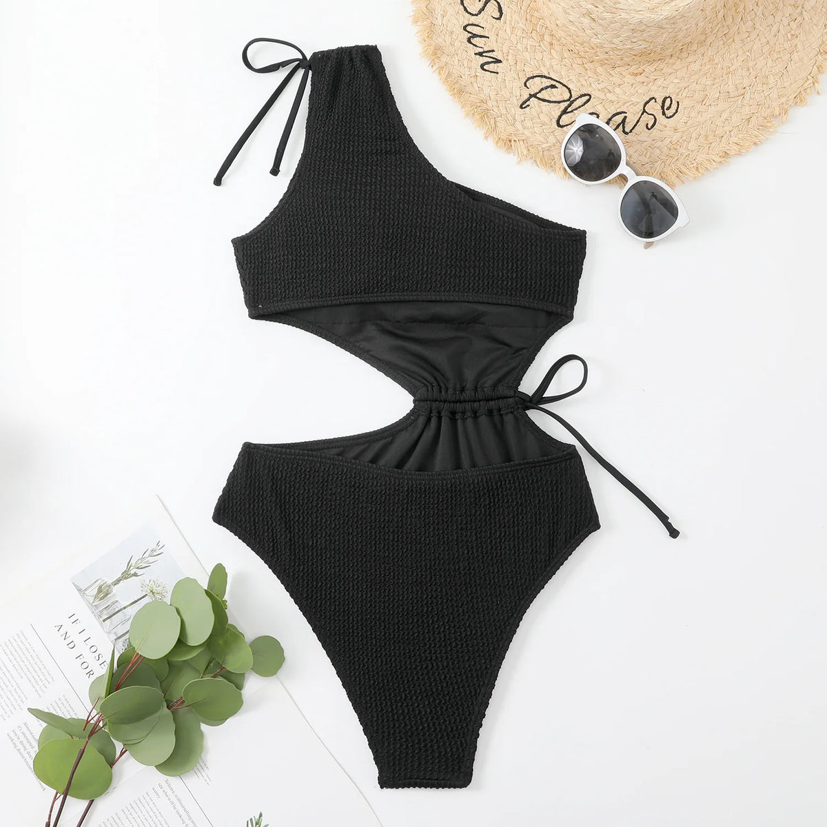 One Shoulder Women's Swimsuit One Piece Cut Out Sexy Swimwear Women 2022 Textured Monokini Solid Bathing Suit Beach Wear Purple
