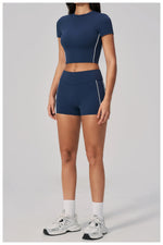 Color Contrast Yoga Suit Women Short Sleeve O Neck Sports T Shirts Tracksuit Outwear High Waist Shorts Gym Running Fitness Suits