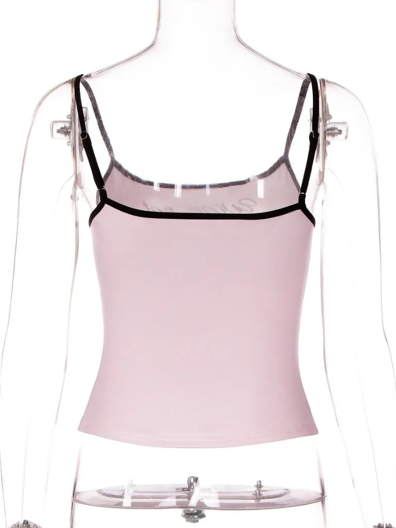 FDYOUI Y2K Camisole Tops for Women Spaghetti Strap Letter Print Pink Corset Y2K Streetwear Girls Backless Cropped Tank Top Black