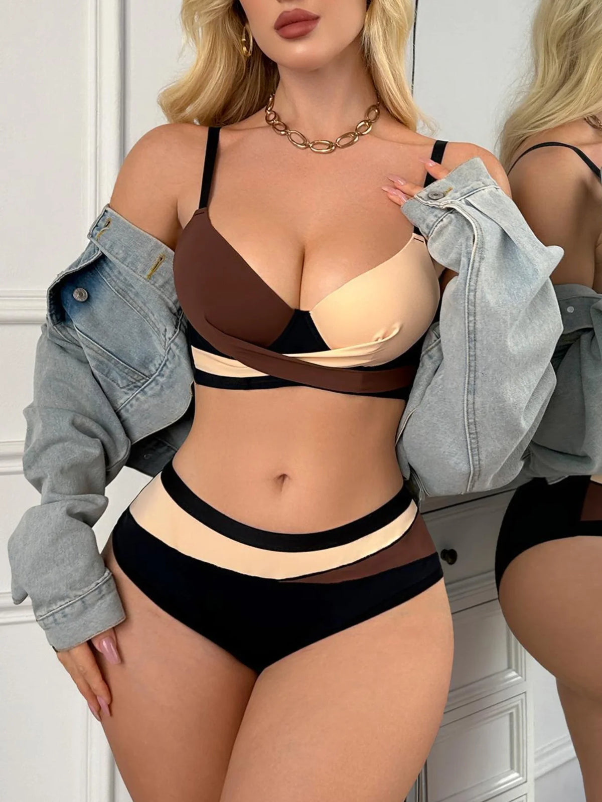 Women's Colorblock Push Up Bra Set Seamless Underwire Support Underwear Daily Comfy Panties for Women