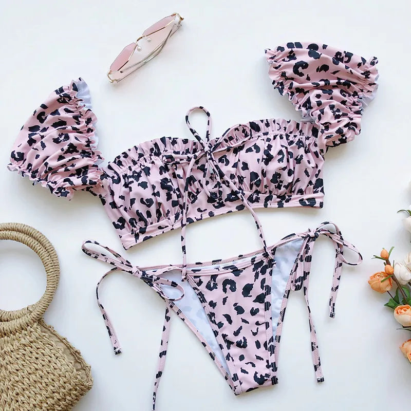 DEKA Brazilian Puff Sleeve Bikini Set Women Thong Swimsuit Printed High Waist Swimwear Bathing Suit Beachwear Push Up Bikini
