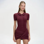 FDYOUI Women's Polo Collar Zip-up Jumpsuit Dress Chic Short Sleeve Folds Solid Bodysuits One Piece Yoga Fitness Sporty Playsuits