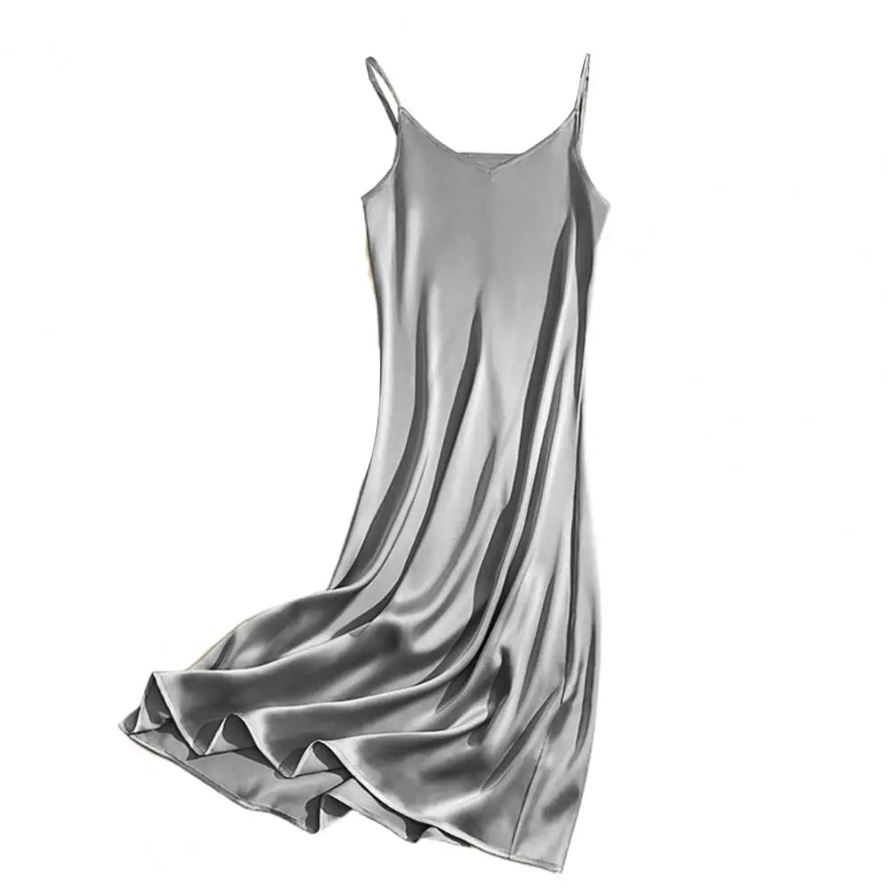 Women Evening Dress V Neck Low Cut Spaghetti Strap Solid Color Backless Dress-up Sleeveless Satin Wedding Party Midi Dress