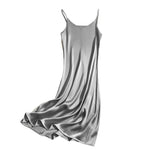 Women Evening Dress V Neck Low Cut Spaghetti Strap Solid Color Backless Dress-up Sleeveless Satin Wedding Party Midi Dress
