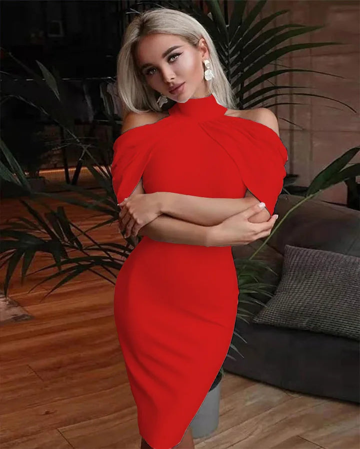 2024 New Solid Color Slim Midi Dresses Women Halter Neck Off Shoulder Package Hip Bodycon Elegant Temperament Ladies Party Dress
