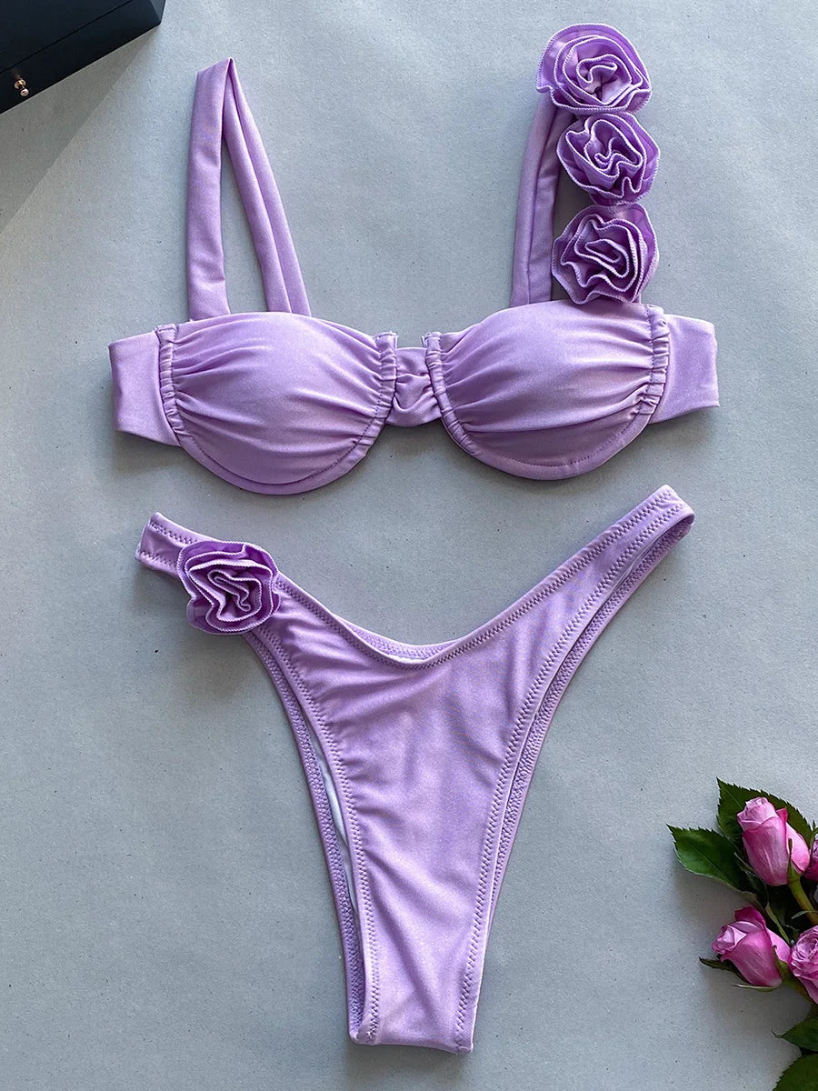 Sexy 3D Flowers Underwired Brazilian Bikini Women Swimwear Female Swimsuit Two-pieces Bikini Set Triangle Bathing Suit Swim Lady