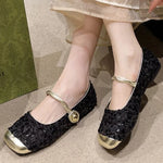 Elegant Solid Color Bling Mary Janes Shoes Women Spring Autumn Buckle Strap Party Flats Woman Shallow Square Top Shoes Lady