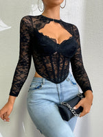 Solid Color Slim Low-Cut Tube Top Lace Mesh Patchwork Lace Sexy Hollow Out Fishbone Top Long Sleeve Vest Transparent Charm NJWG