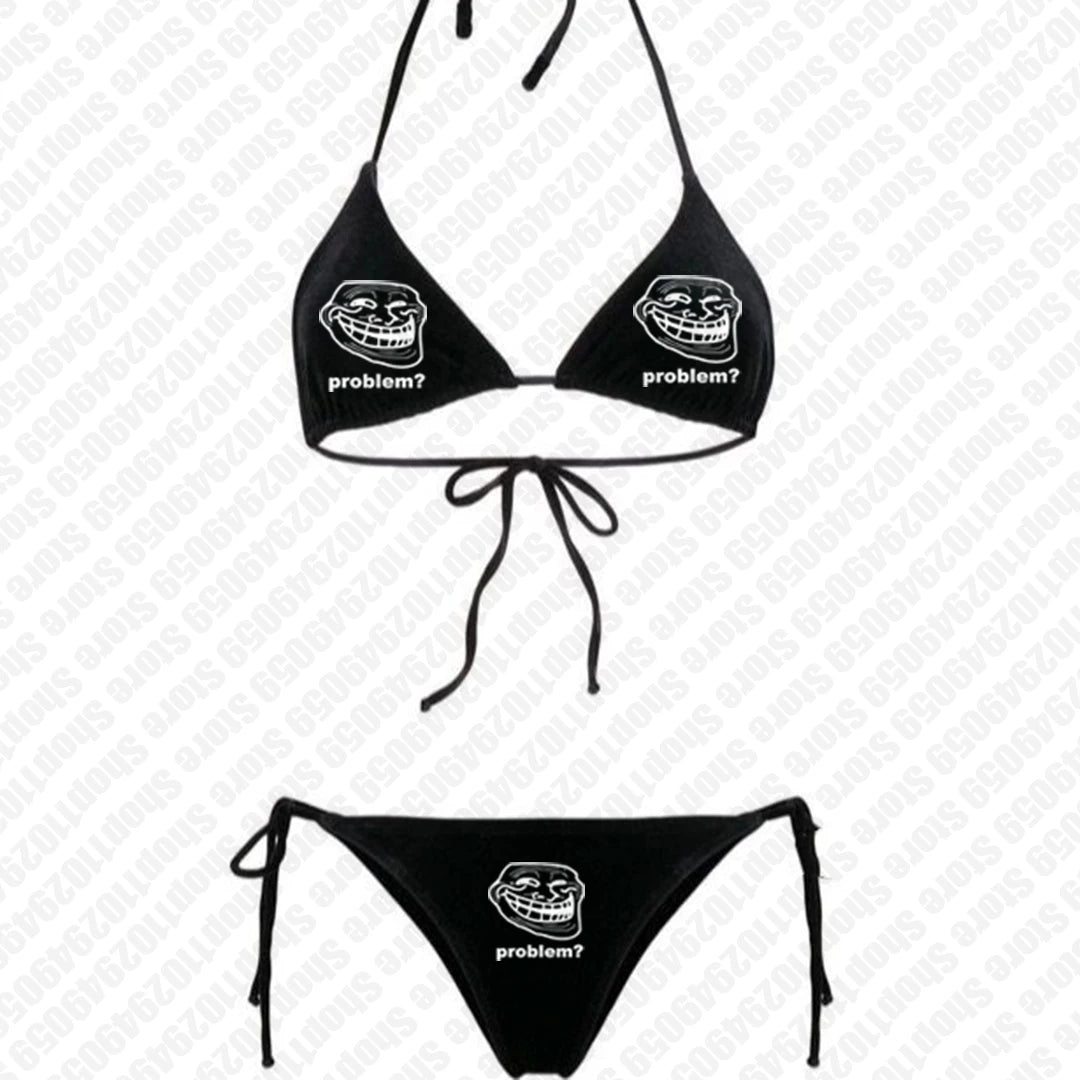 Sexy Gothic 2025 Women Cute Print Black Swimsuit Split Bathing Suit Low Waist Y2K Bikinis Sets Beach Swimwear 2000s Bikinis Sets