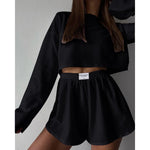Womens Pointelle Knit Loungewear Set Casual Hollow Out Long Sleeve Crop Top and Shorts Two Piece Outfits Y2K Summer Homewear New
