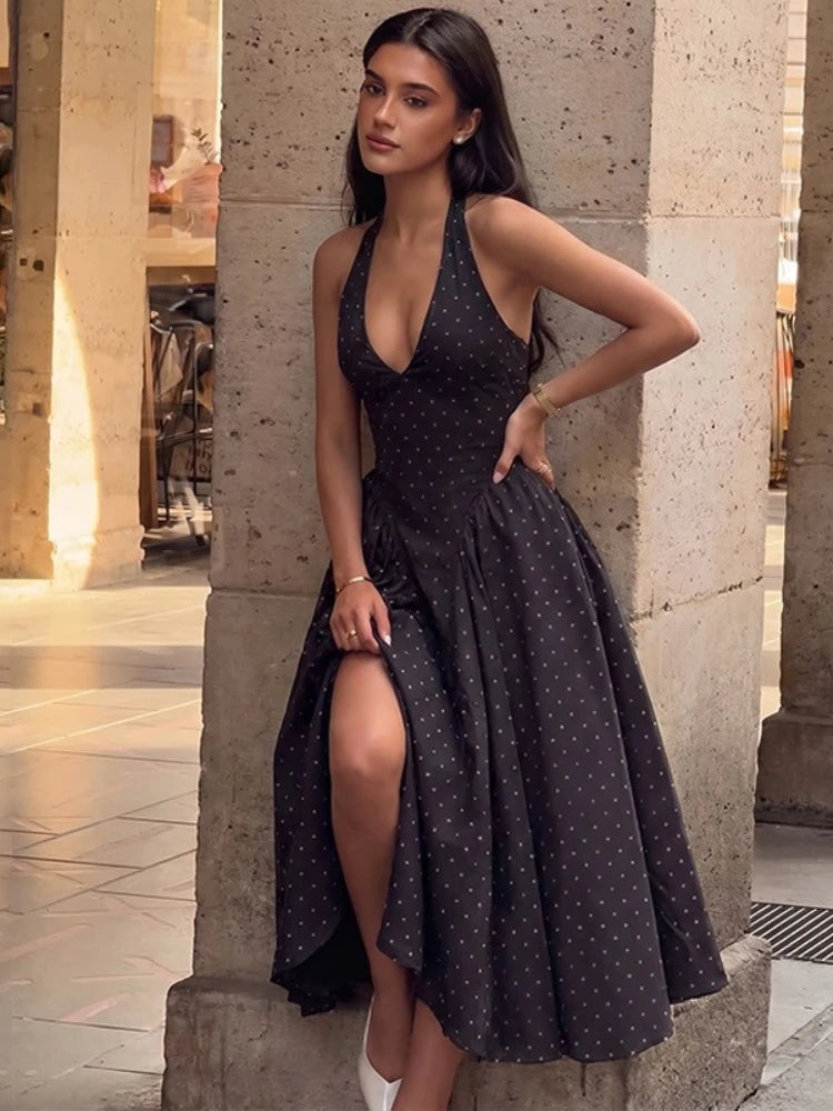 FDYOUI Chic Halter Polka Dot Vacation Dresses for Woman 2026 Summer Lace-up Backless High Waist Tunics Ruched A-line Party Dress