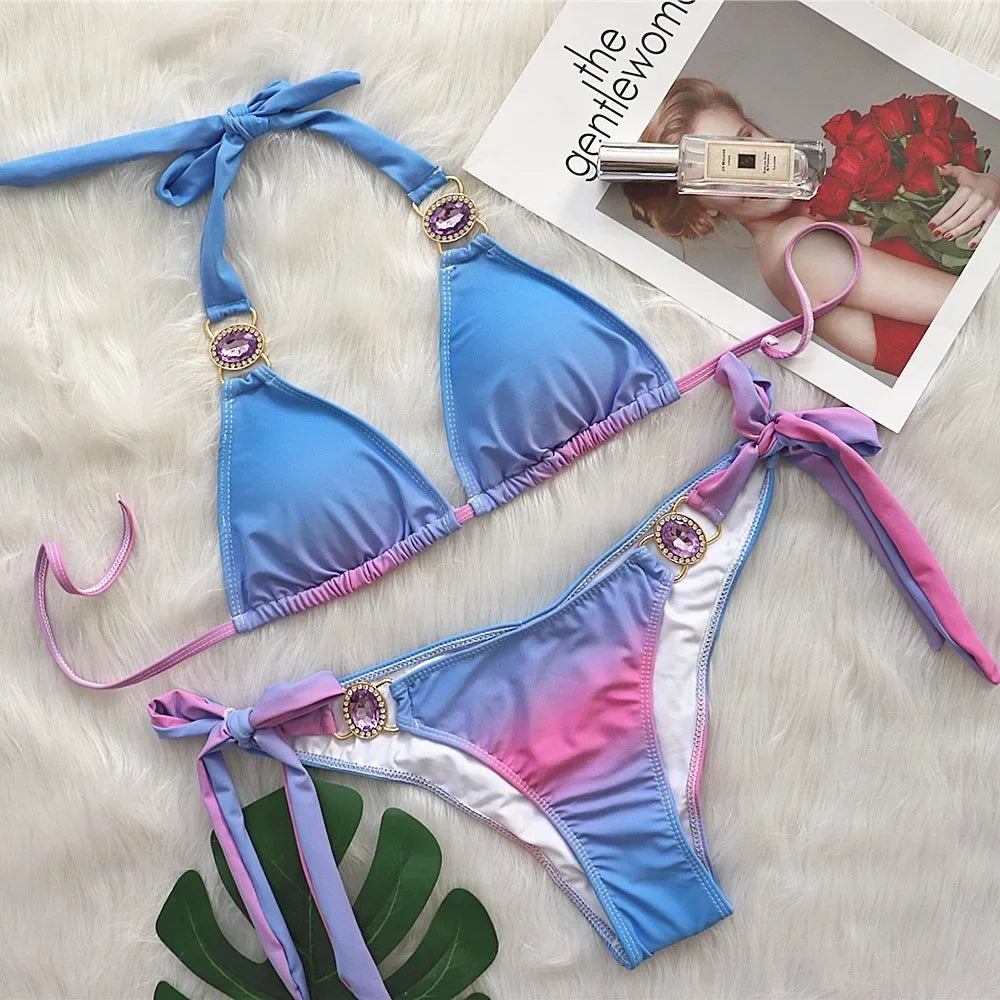 3 Colors Sexy Bikini Women Gradient Swimwear Swimsuit Luxe Crystal Diamond Halter Knot Strap Bikinis Set Bathing Suit Biquinis