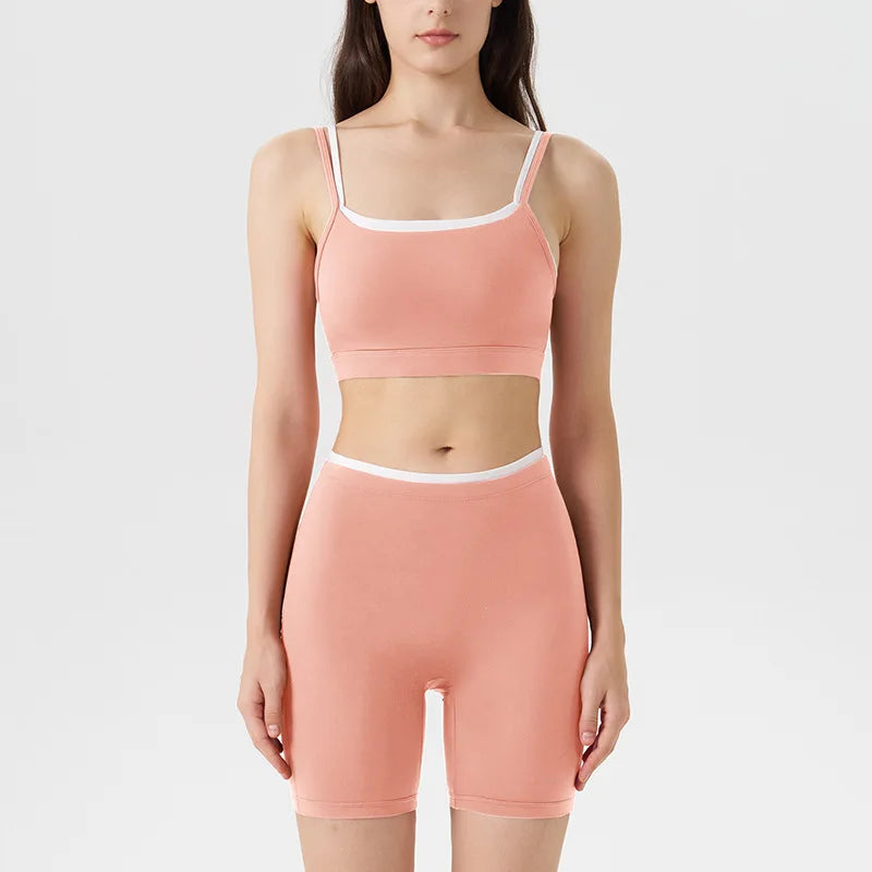 Women's 2-piece Yoga Set Fake Two-Piece Color-Block White Stripe Camisole Running Sports Bra Shorts Yoga Outfit Set
