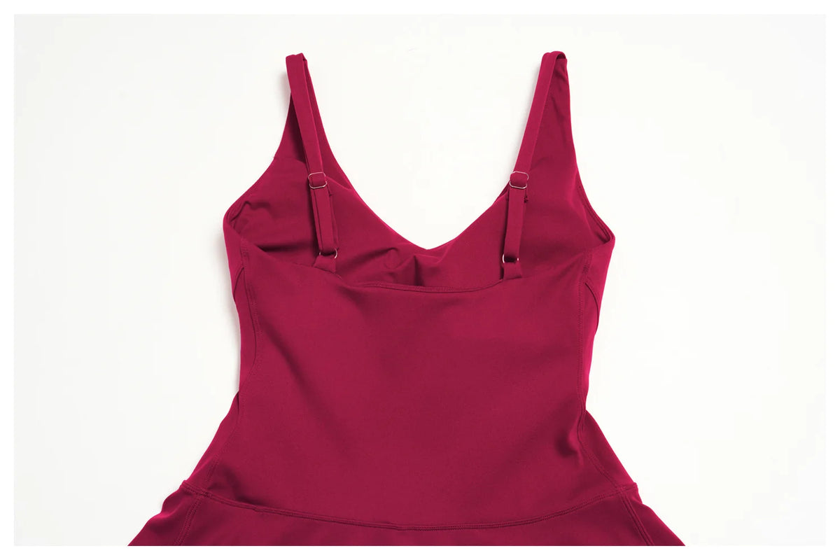 Bodycon Tennis Dress with Shorts Pocket Women Speed Dry Sleeveless V Neck One Piece Sport Outfit Short Dress Fitness Yoga Set